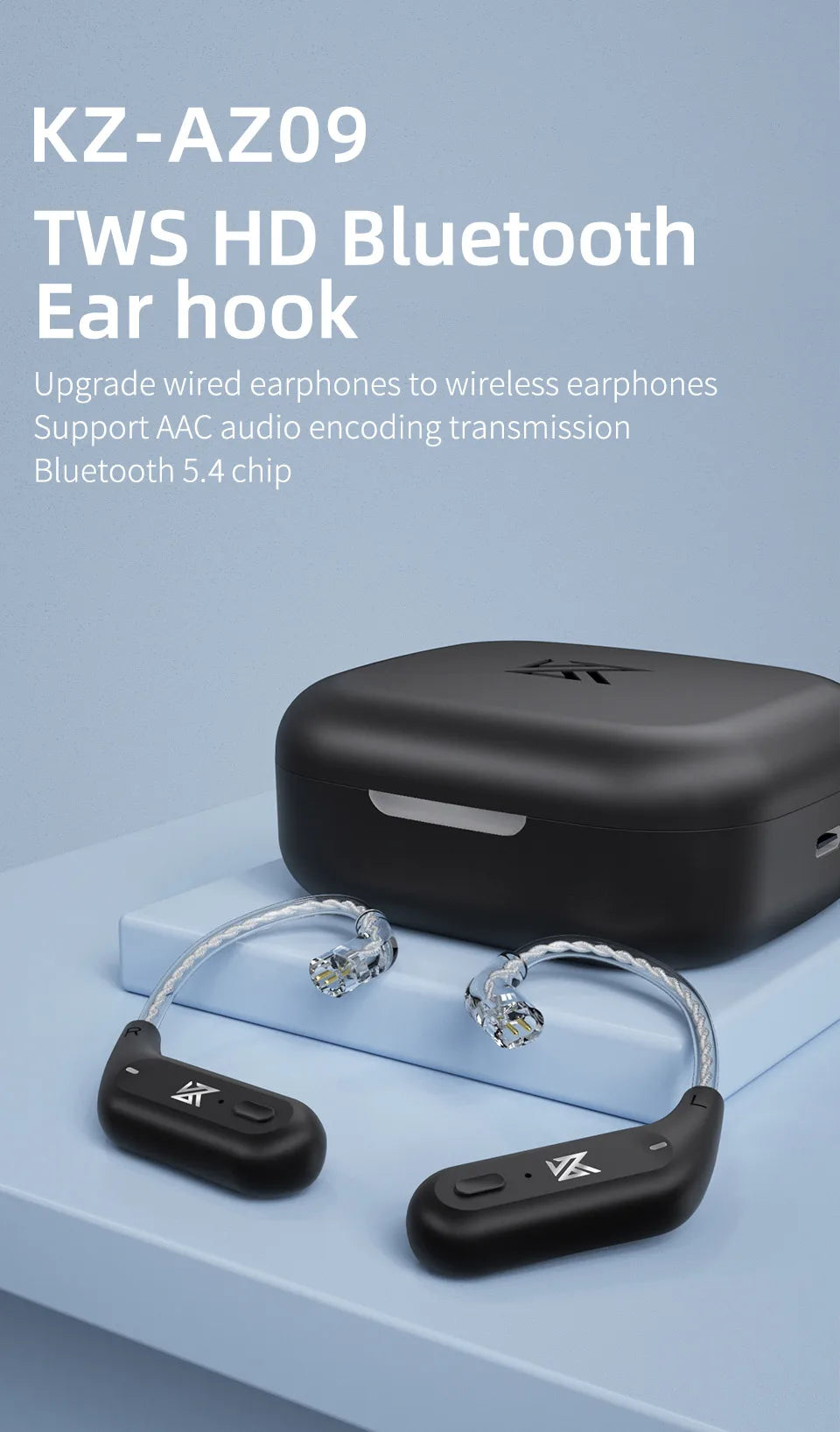 KZ AZ09 Bluetooth 5.2 Wireless Upgrade Cable  HIFI Wireless Ear Hook With Charging Case For KZ TRN CCA Earphones Headset