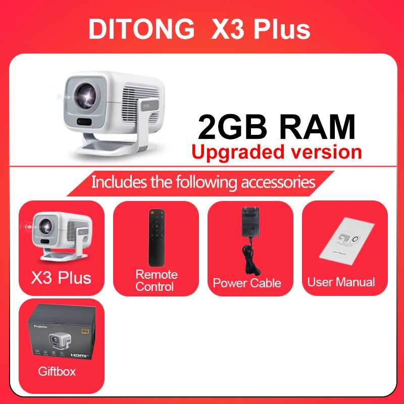 DITONG X3Plus HD projector Native 1080P support 4K WIFI6 BT5.4 Android projector Auto-focus Auto-keystone Home theater projector