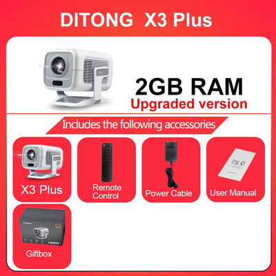 DITONG X3Plus HD projector Native 1080P support 4K WIFI6 BT5.4 Android projector Auto-focus Auto-keystone Home theater projector
