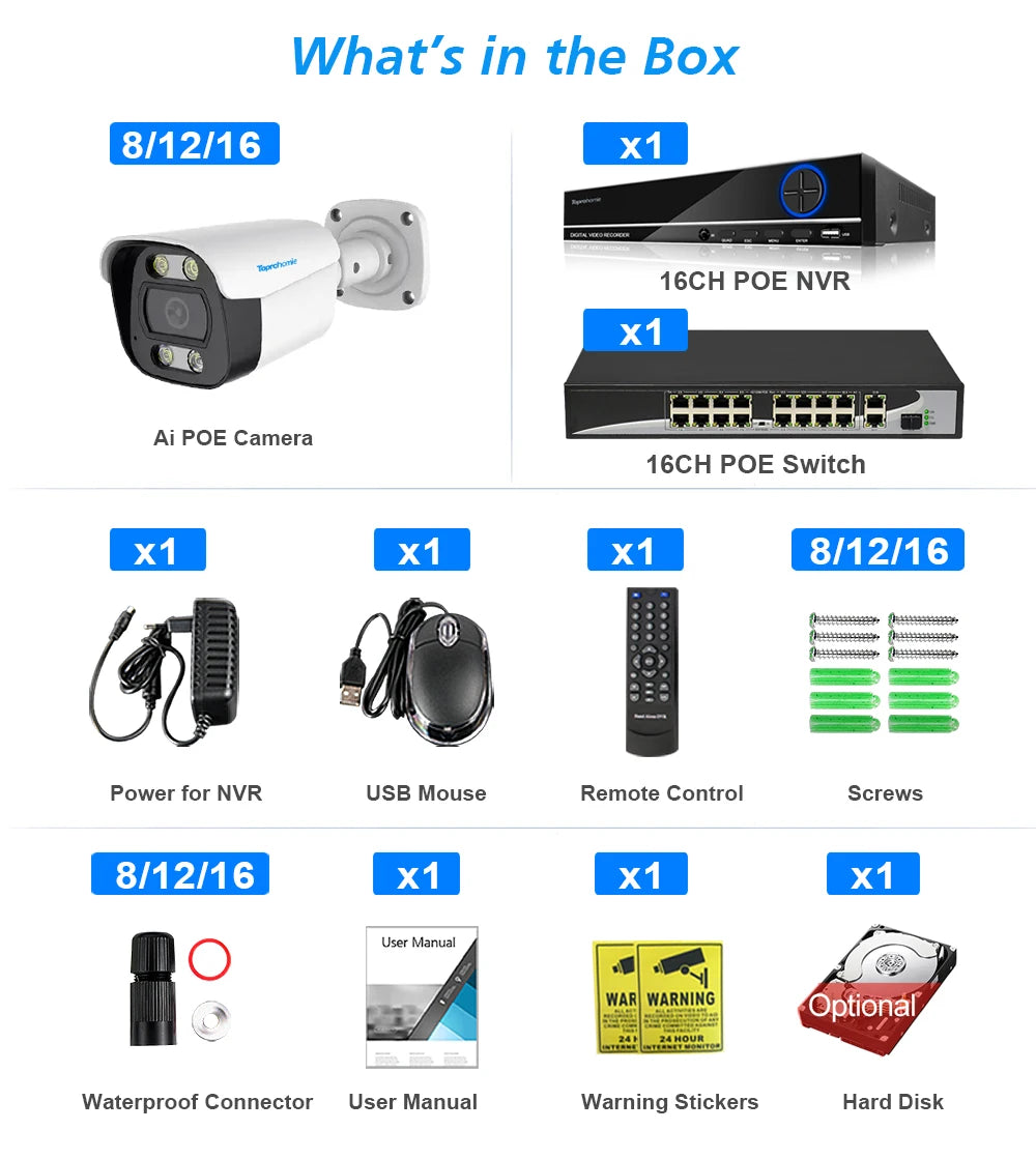 16CH 4K 8MP H.265 POE NVR CCTV Security Camera System with 5MP Audio Record IP66 Outdoor Waterproof IP Camera Video Surveillance