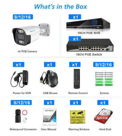 16CH 4K 8MP H.265 POE NVR CCTV Security Camera System with 5MP Audio Record IP66 Outdoor Waterproof IP Camera Video Surveillance