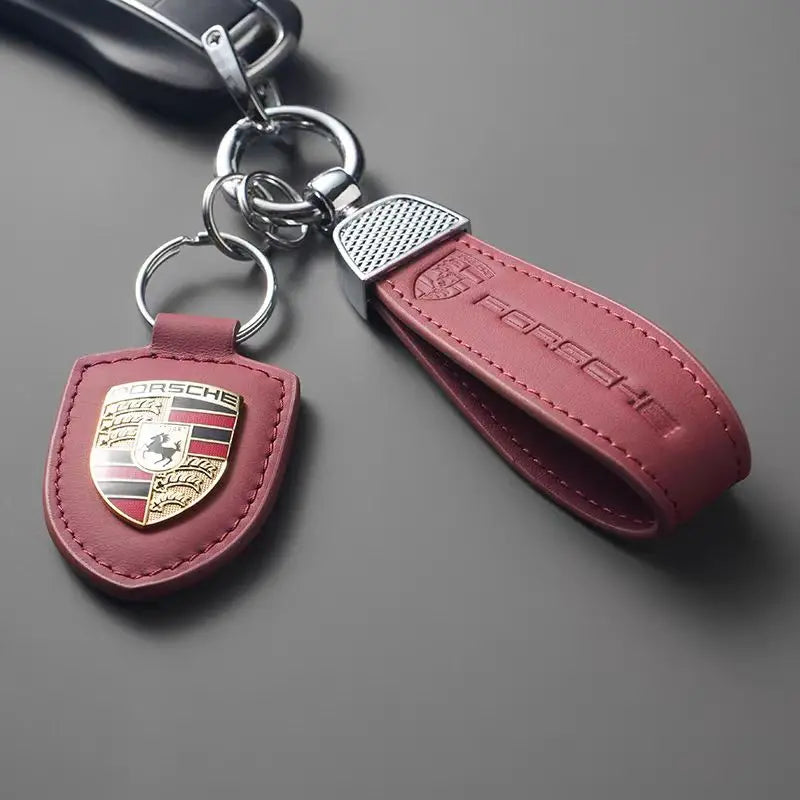 Car Keychain Holder Shield Leather Key Ring Chain Pendant Gifts For Porsche Cayenne Panamera Macan Boxster 911 Carrera-GT 928