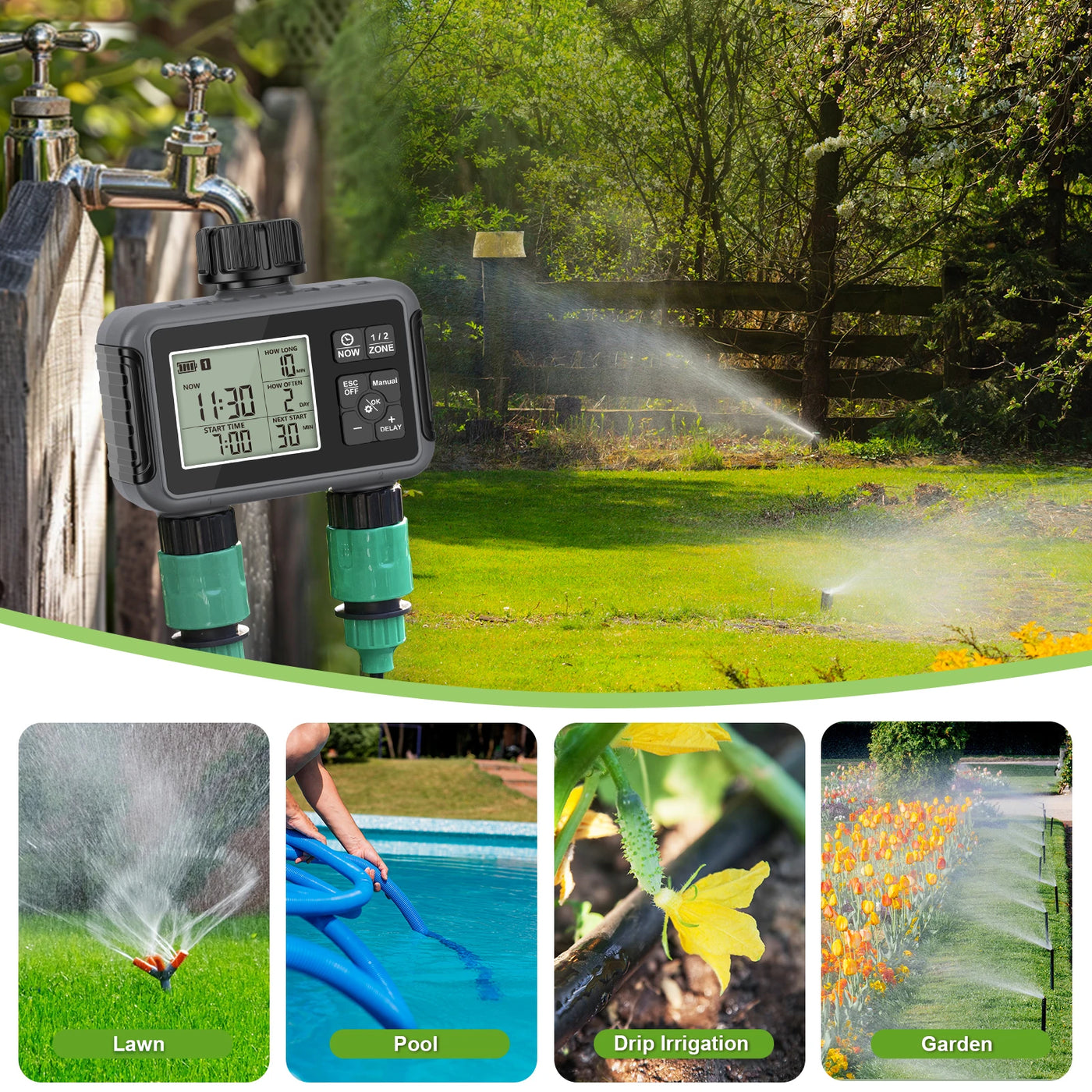 Haozee Smart Water Timer Intelligent 1/2/3-Outlet Irrigation Watering System Sprinkler Timer Garden Programmer IPX7 LCD Display