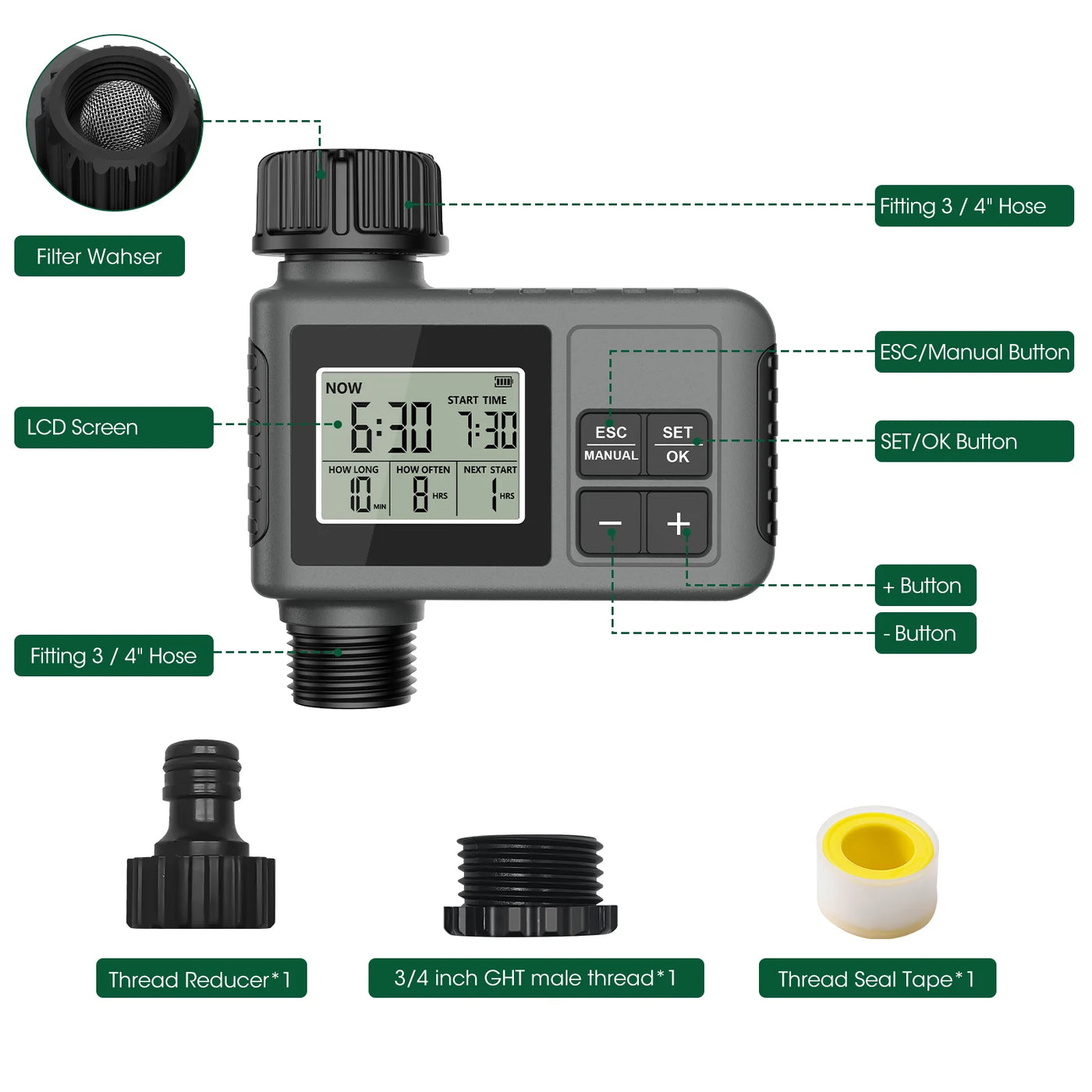 Haozee Smart Water Timer Intelligent 1/2/3-Outlet Irrigation Watering System Sprinkler Timer Garden Programmer IPX7 LCD Display