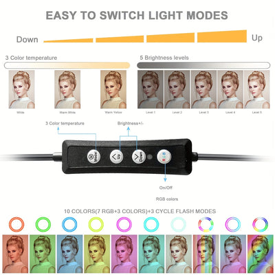 1pc 8/10/12inch RGB Ring Light Kit with Adjustable Color, Sturdy Tripod & Phone Holder - USB Powered for Video, Selfies & Makeup
