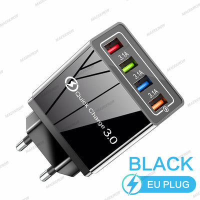 3A USB Charger 4 Ports USB Quick Charge 3.0 EU US Plug For iPhone Samsung Xiaomi Poco Fast Charging Mobile Phone Charger Adapter
