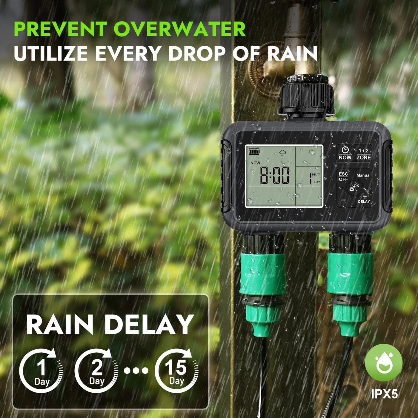 Haozee Smart Water Timer Intelligent 1/2/3-Outlet Irrigation Watering System Sprinkler Timer Garden Programmer IPX7 LCD Display