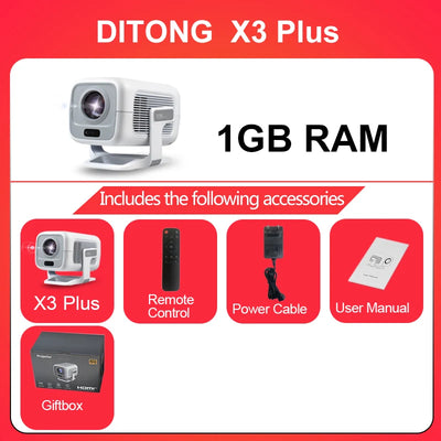 DITONG X3Plus HD projector Native 1080P support 4K WIFI6 BT5.4 Android projector Auto-focus Auto-keystone Home theater projector