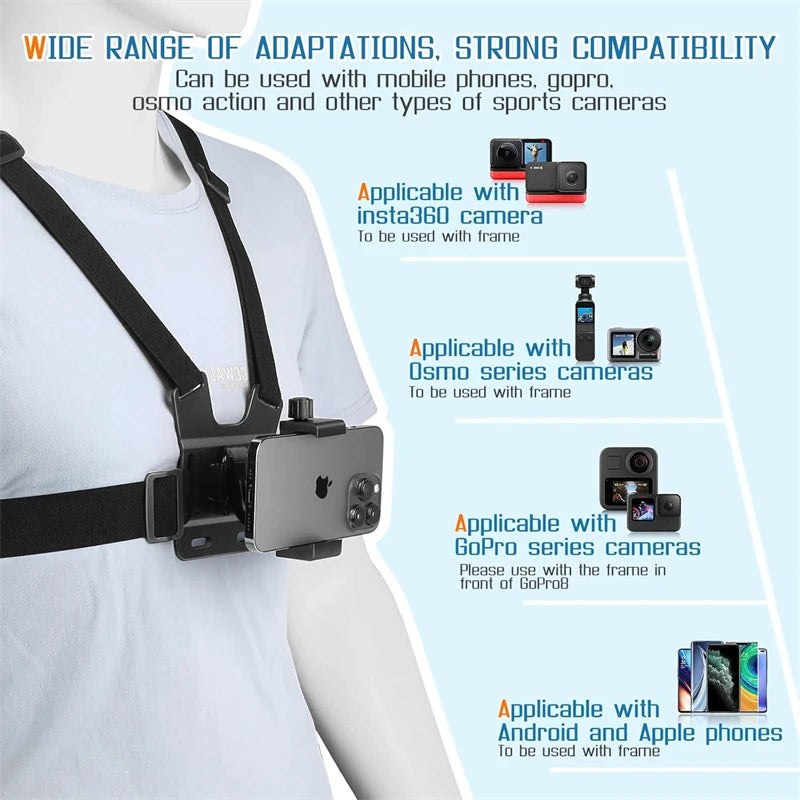 2 in 1 Mobile Phone Chest Strap Harness Stand Head Strap Holder Kit for IPhone GoPro POV Vlog Hands Free Universal Bracket Mount